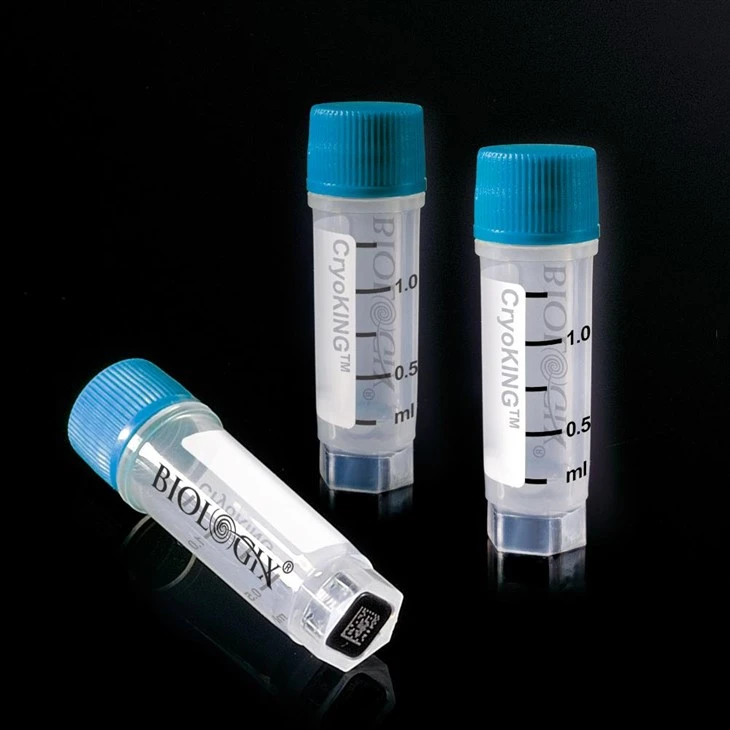 {{0}}.5ml 1.0ml 1.5ml بیرونی تھریڈ سٹرائیل O-ring فری ڈیزائن کردہ 2D بارکوڈ فٹ مائع نائٹروجن اسٹوریج کریوجینک شیشیوں کے لیے